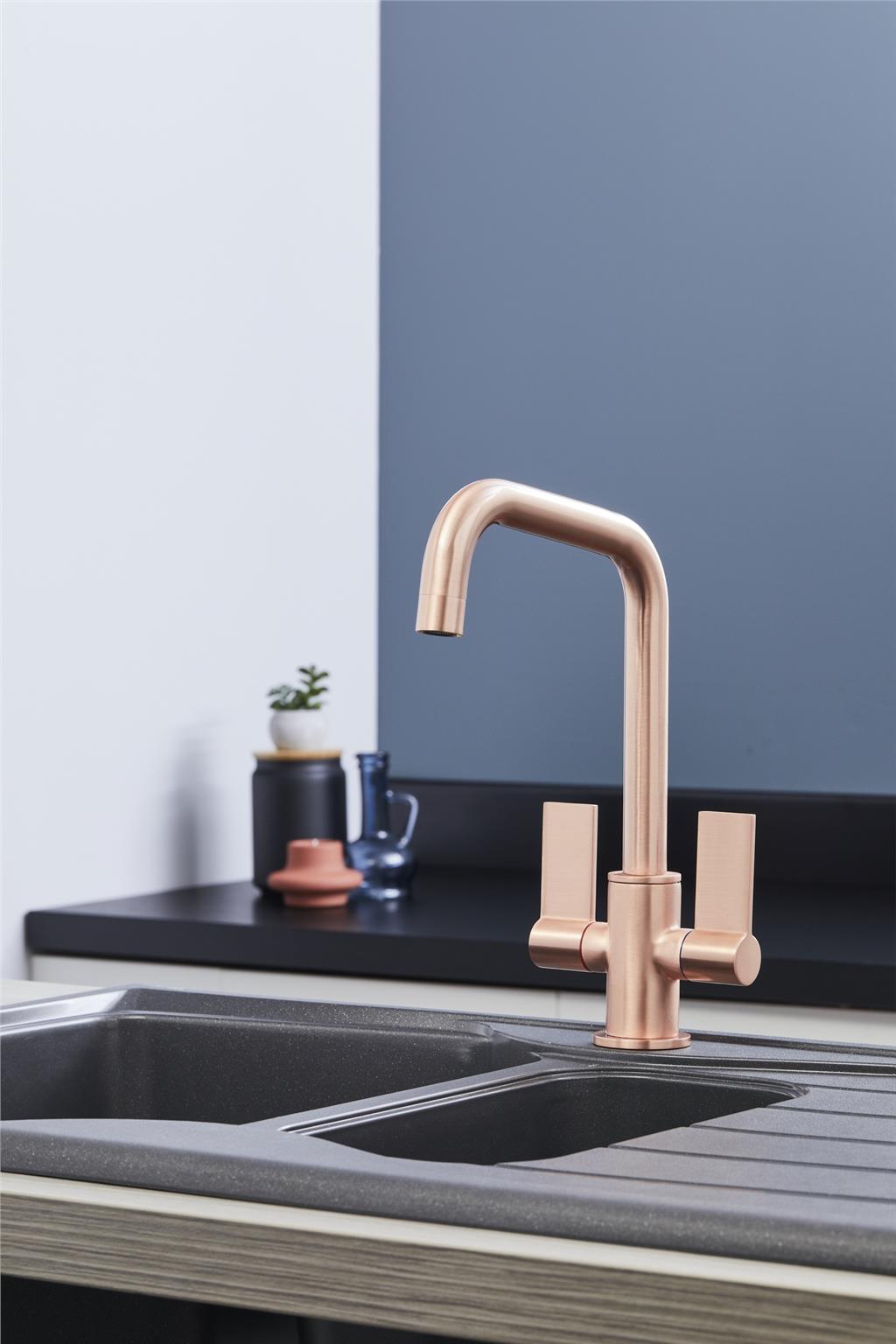 Liquida W18CP Twin Lever D Shape 360 Swivel Spout Copper Kitchen Mixer Tap