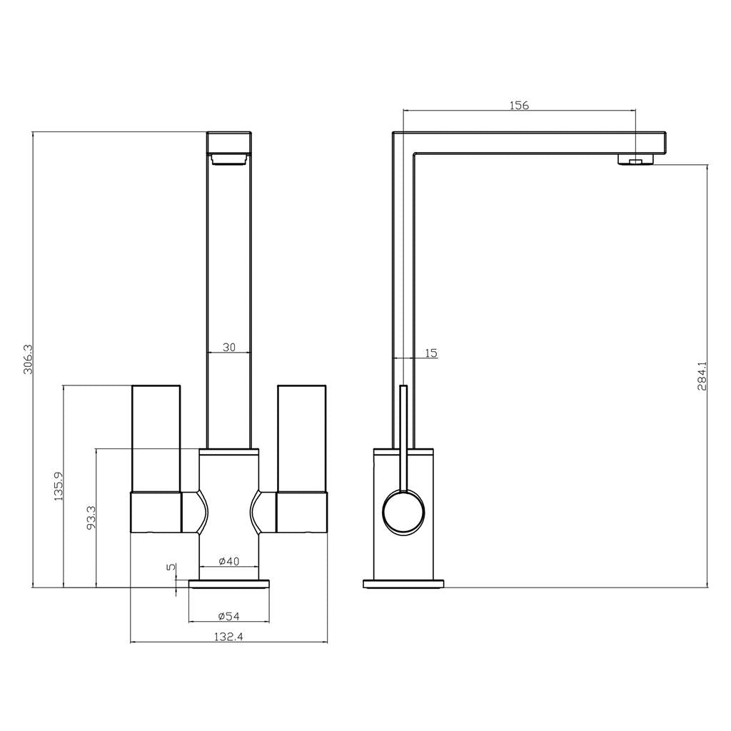 Liquida W17BL Twin Lever 360 Degree Swivel Spout Black Kitchen Mixer Tap