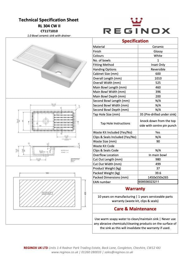 Reginox RL304 CW II White 1.0 Bowl Inset Reversible Ceramic Kitchen Sink