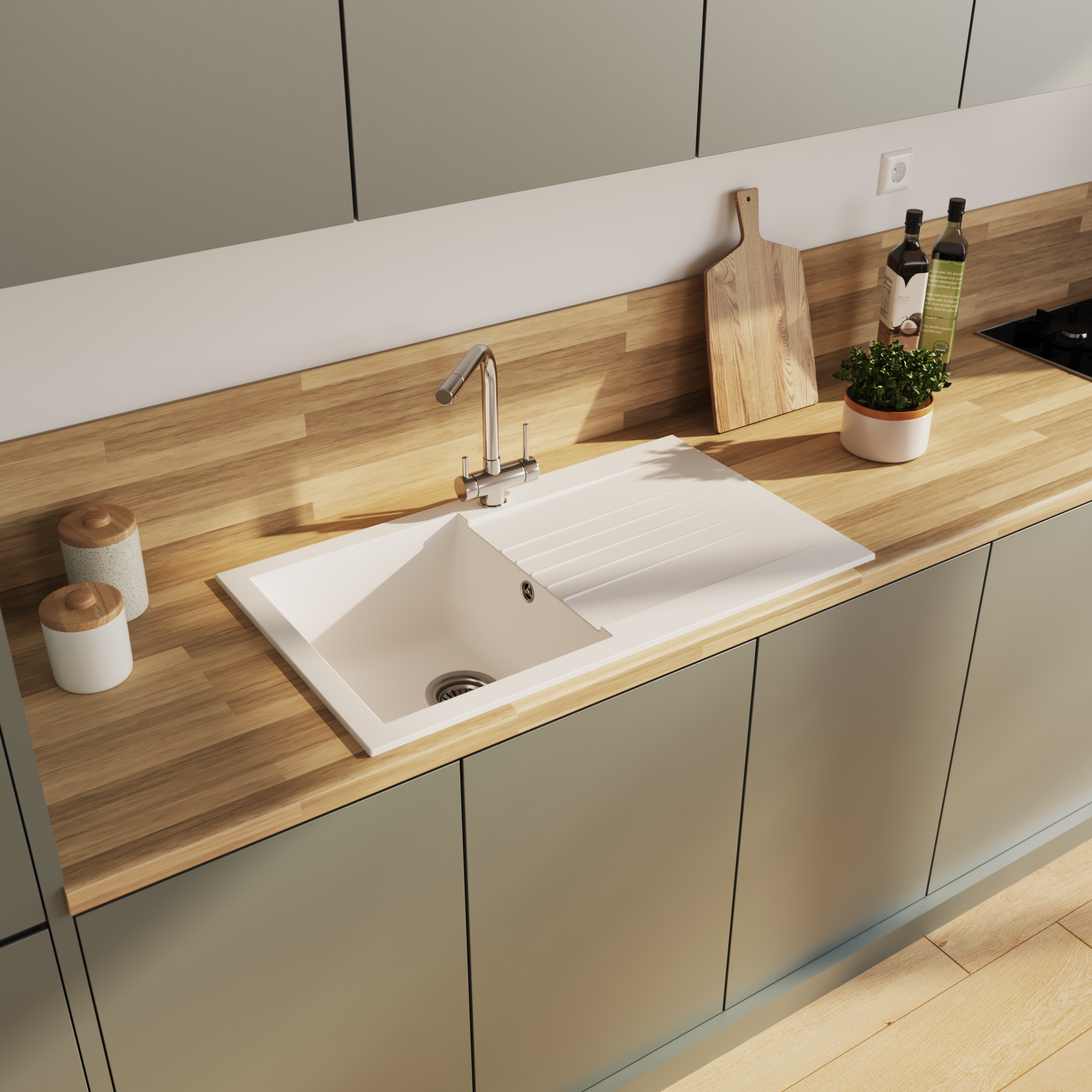 Liquida KAVL860WH 1.0 Bowl Composite Reversible White Kitchen Sink And Waste Kit