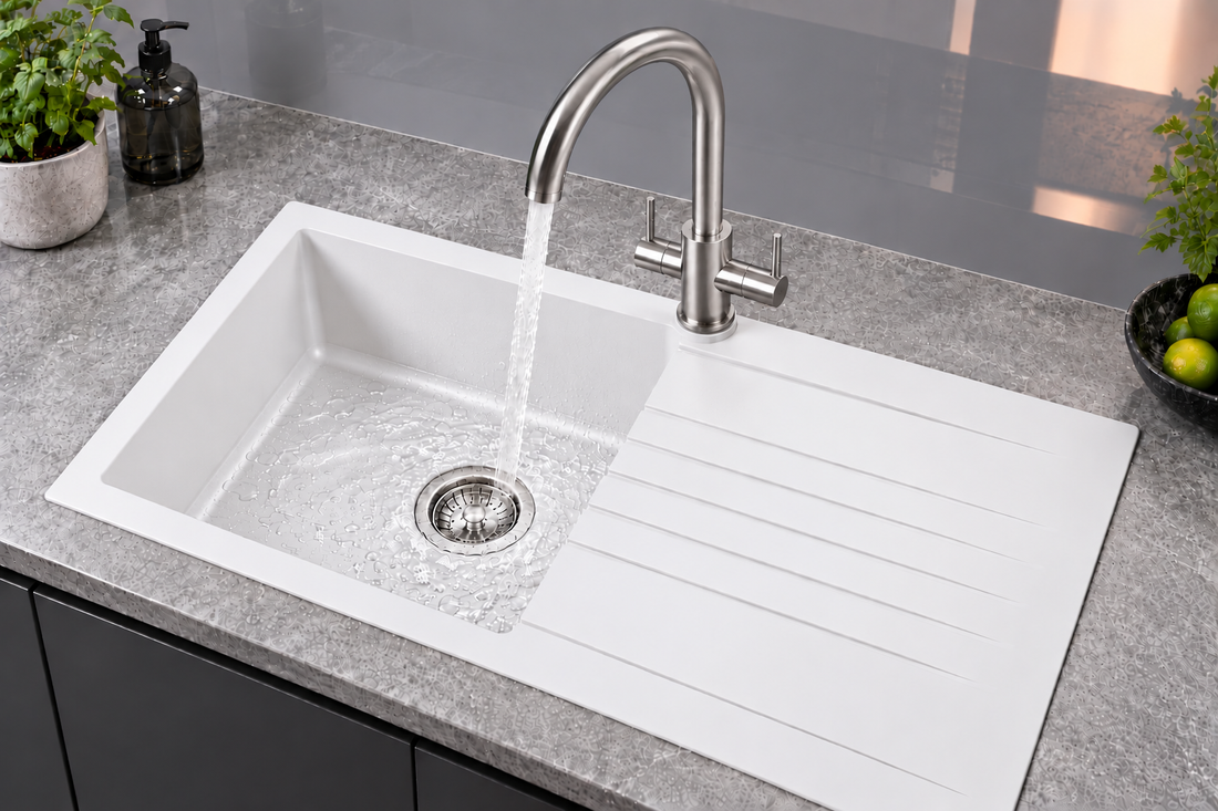 Liquida AD395BS Swan Neck Twin Lever Kitchen Mixer Tap In Brushed Steel