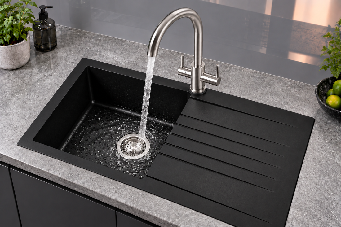 Liquida AD395BS Swan Neck Twin Lever Kitchen Mixer Tap In Brushed Steel
