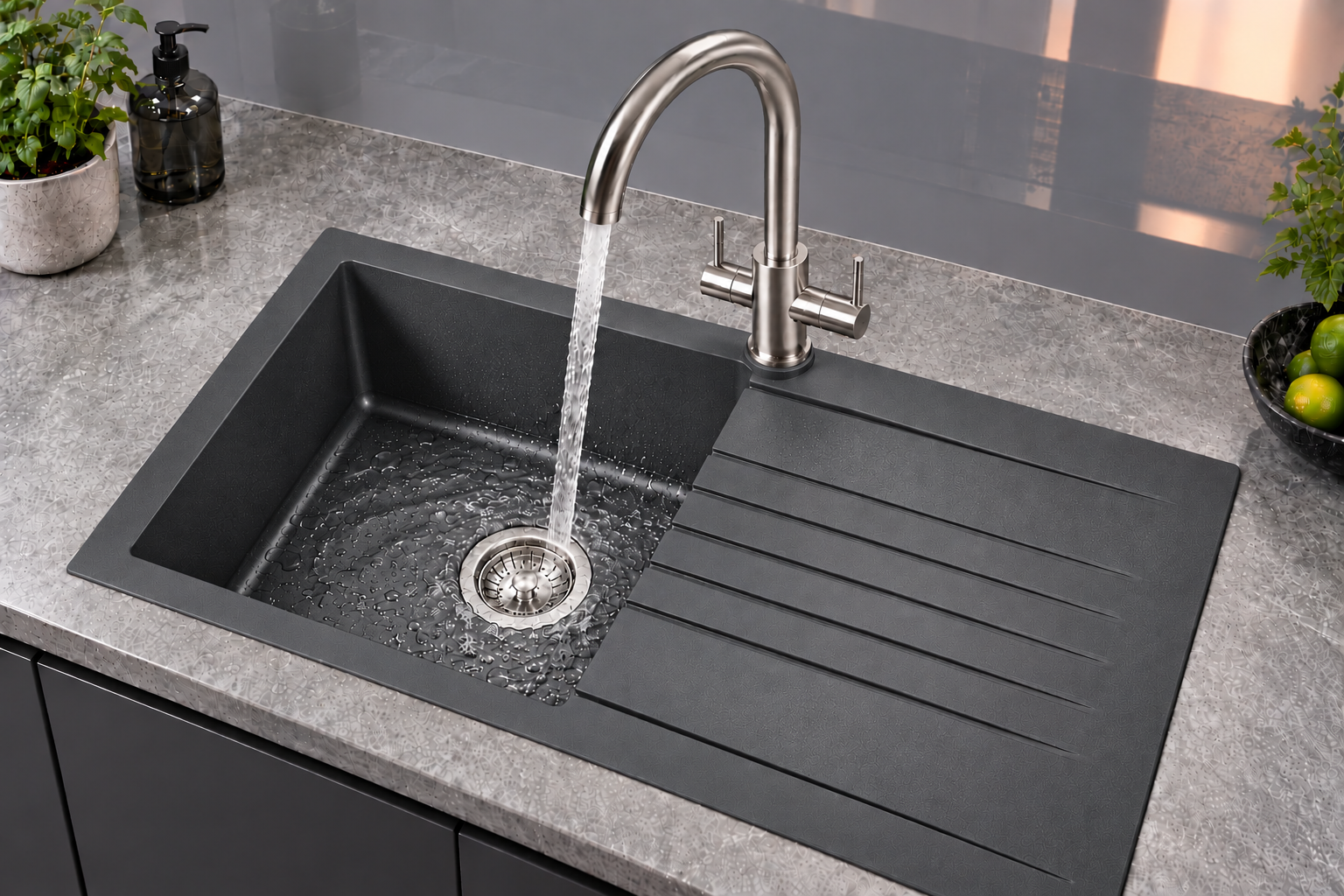 Liquida AD395BS Swan Neck Twin Lever Kitchen Mixer Tap In Brushed Steel