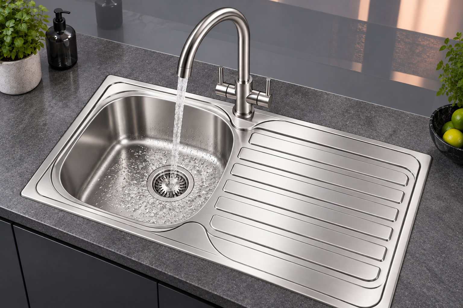 Liquida AD395BS Swan Neck Twin Lever Kitchen Mixer Tap In Brushed Steel