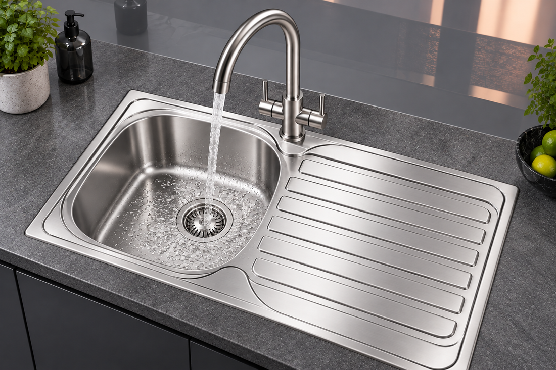Liquida AD395BS Swan Neck Twin Lever Kitchen Mixer Tap In Brushed Steel