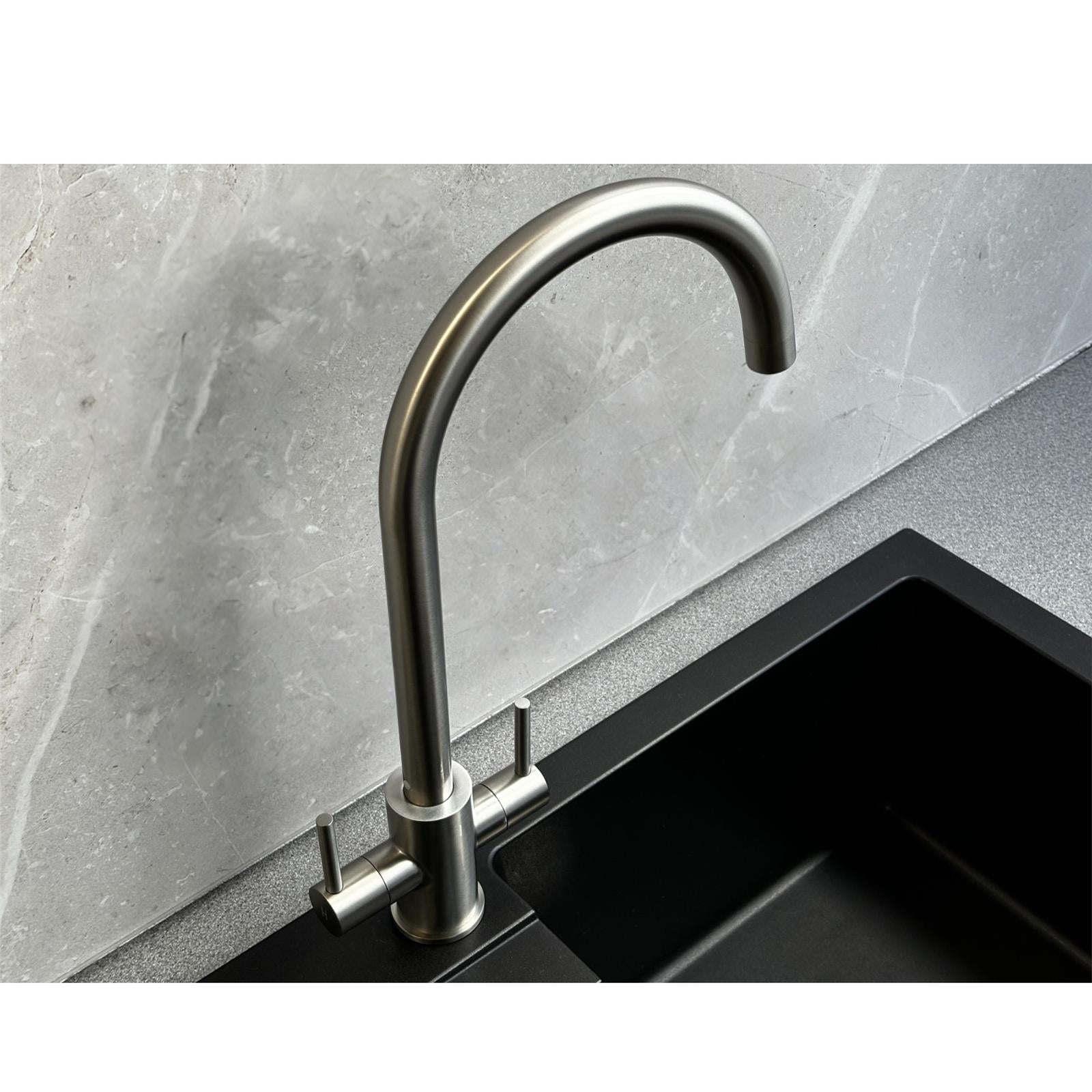 Liquida AD395BS Swan Neck Twin Lever Kitchen Mixer Tap In Brushed Steel