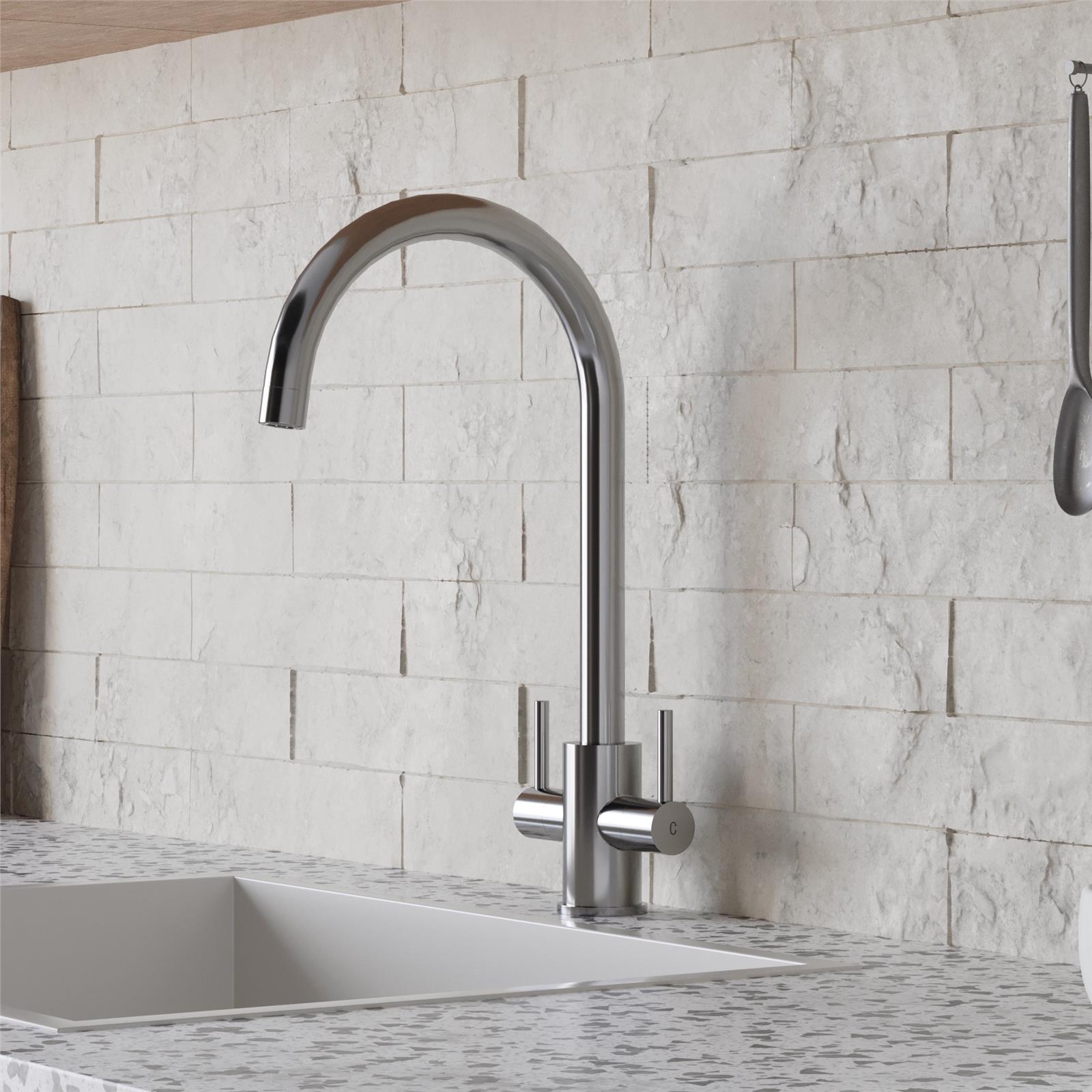 Liquida AD397CH Chrome Swan Neck Twin Lever Kitchen Mixer Tap - GRADED