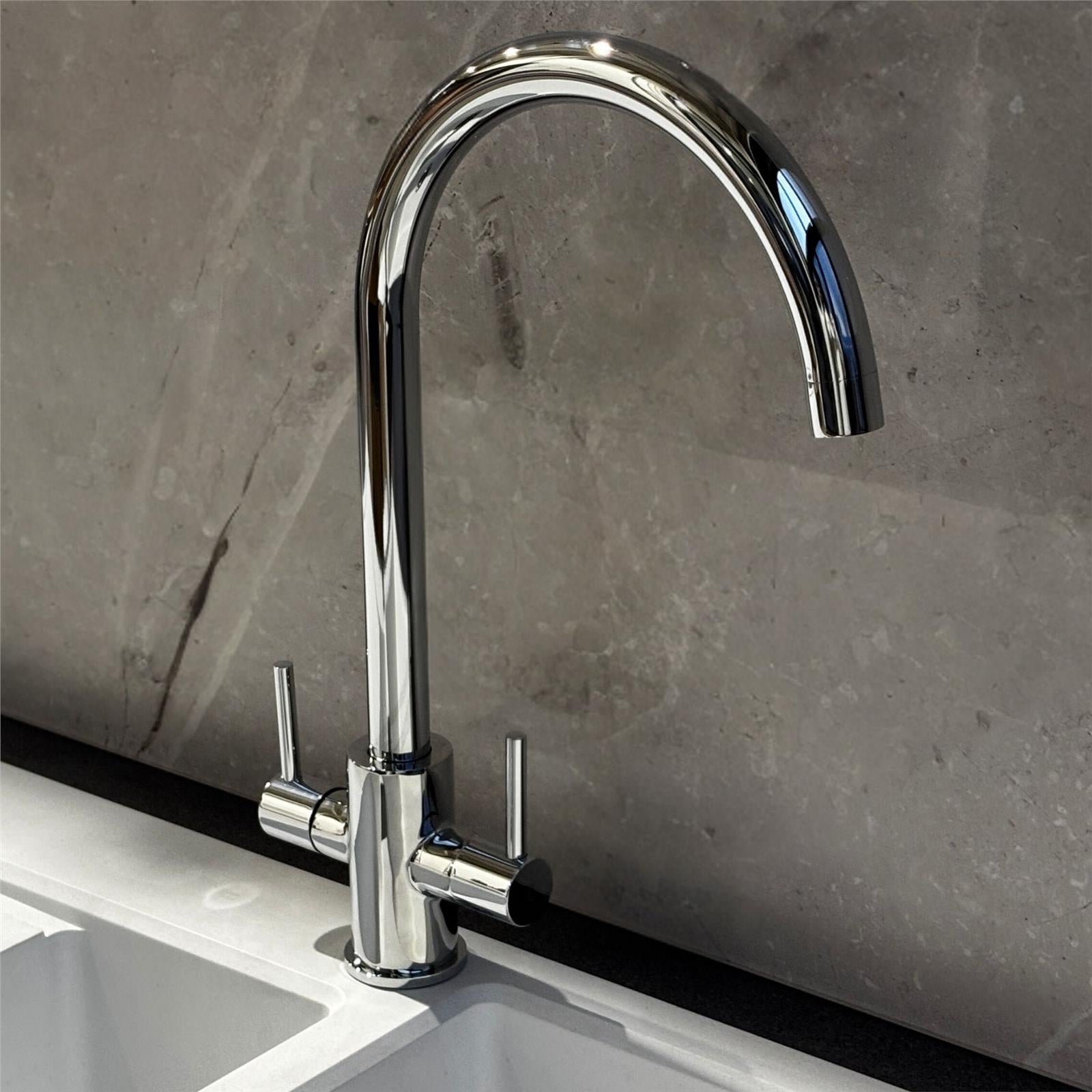 Liquida AD397CH Chrome Swan Neck Twin Lever Kitchen Mixer Tap - GRADED