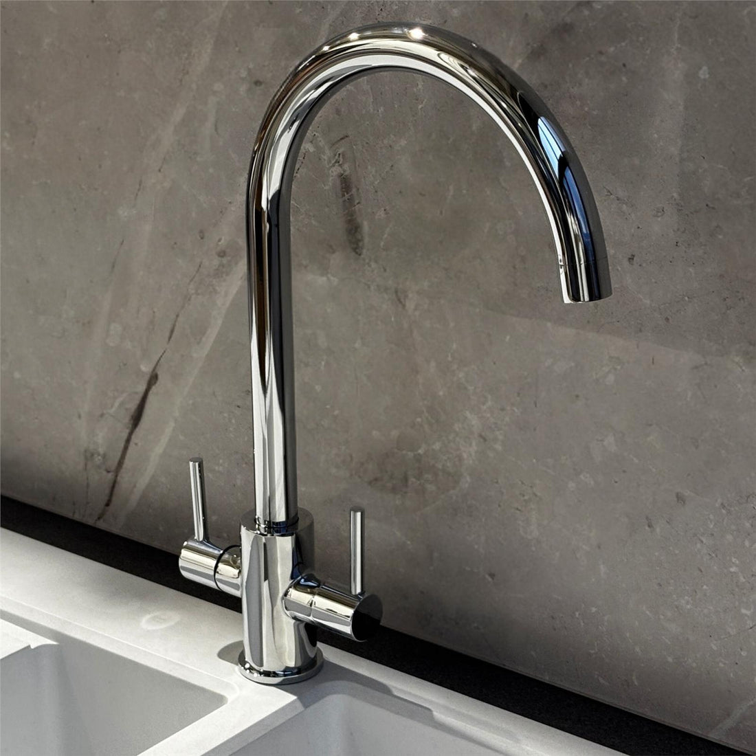 Liquida AD397CH Chrome Swan Neck Twin Lever Kitchen Mixer Tap - GRADED
