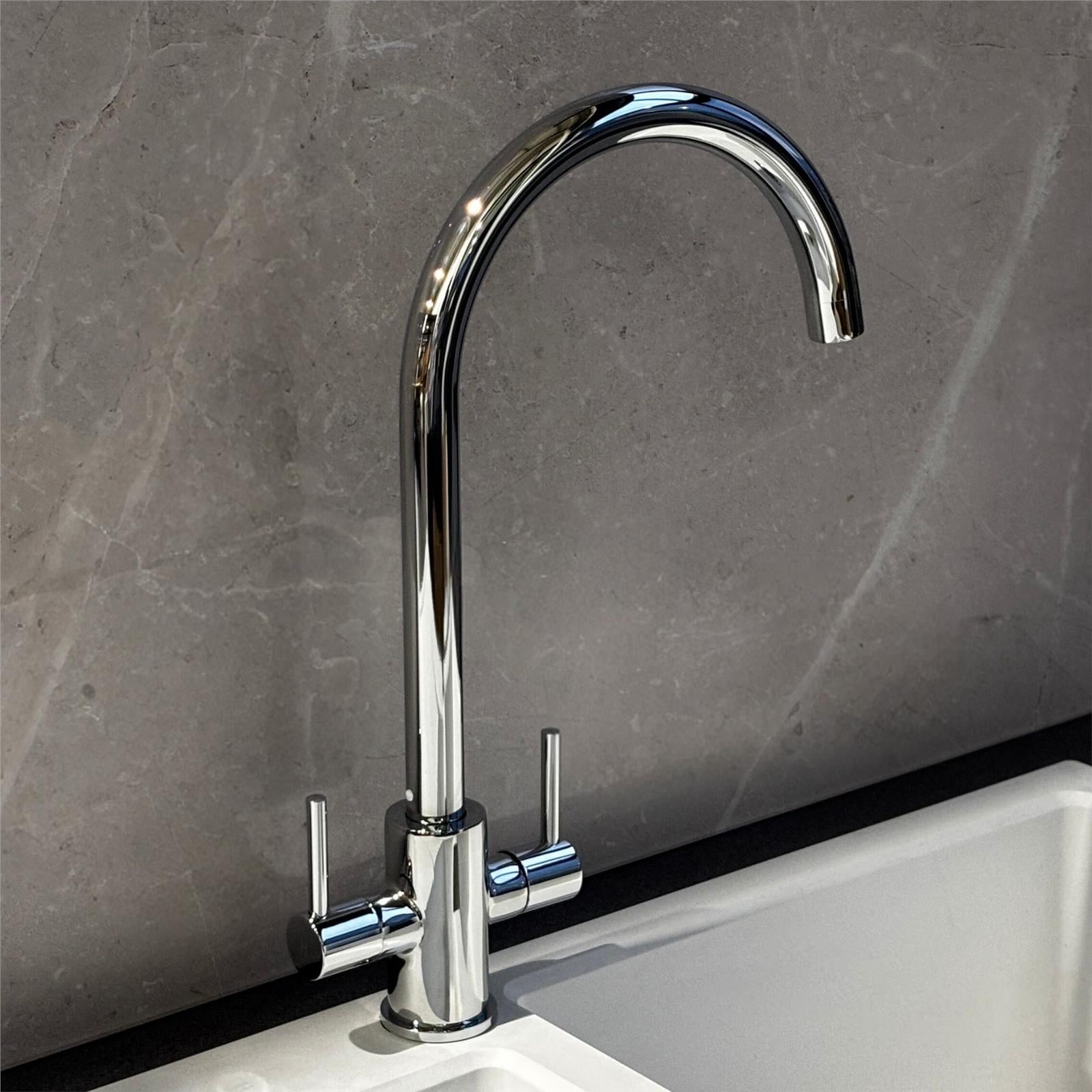 Liquida AD397CH Chrome Swan Neck Twin Lever Kitchen Mixer Tap - GRADED