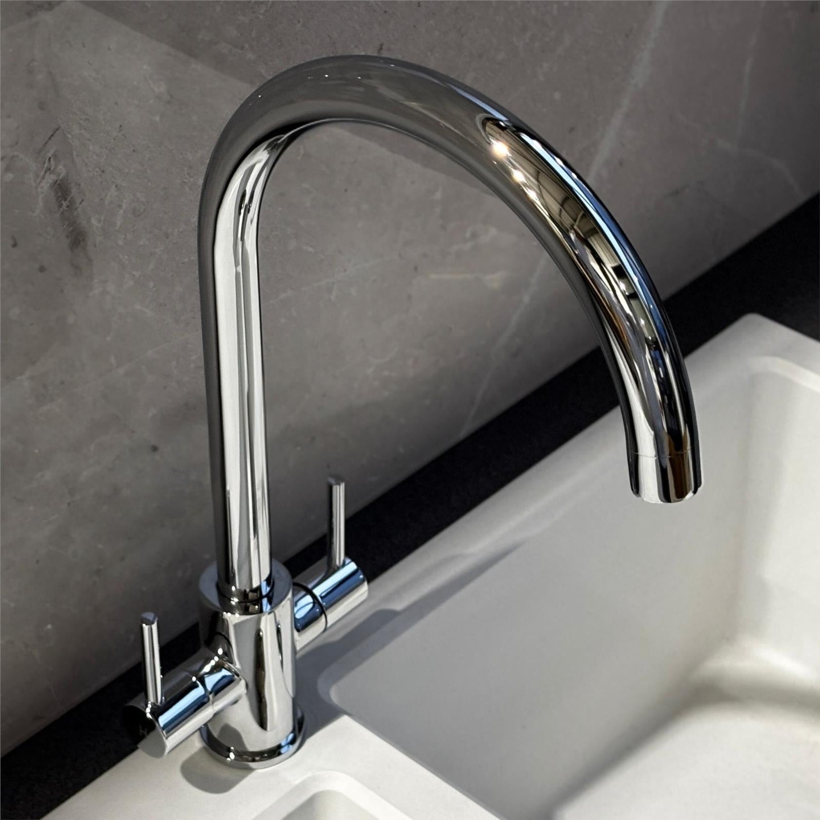 Liquida AD397CH Chrome Swan Neck Twin Lever Kitchen Mixer Tap - GRADED