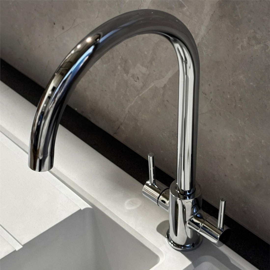 Liquida AD397CH Chrome Swan Neck Twin Lever Kitchen Mixer Tap - GRADED