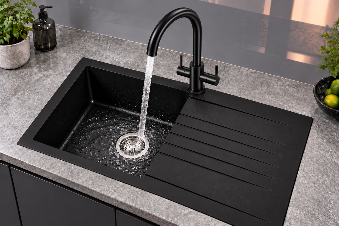 Liquida AD398MB Matt Black Swan Neck Twin Lever Mixer Tap