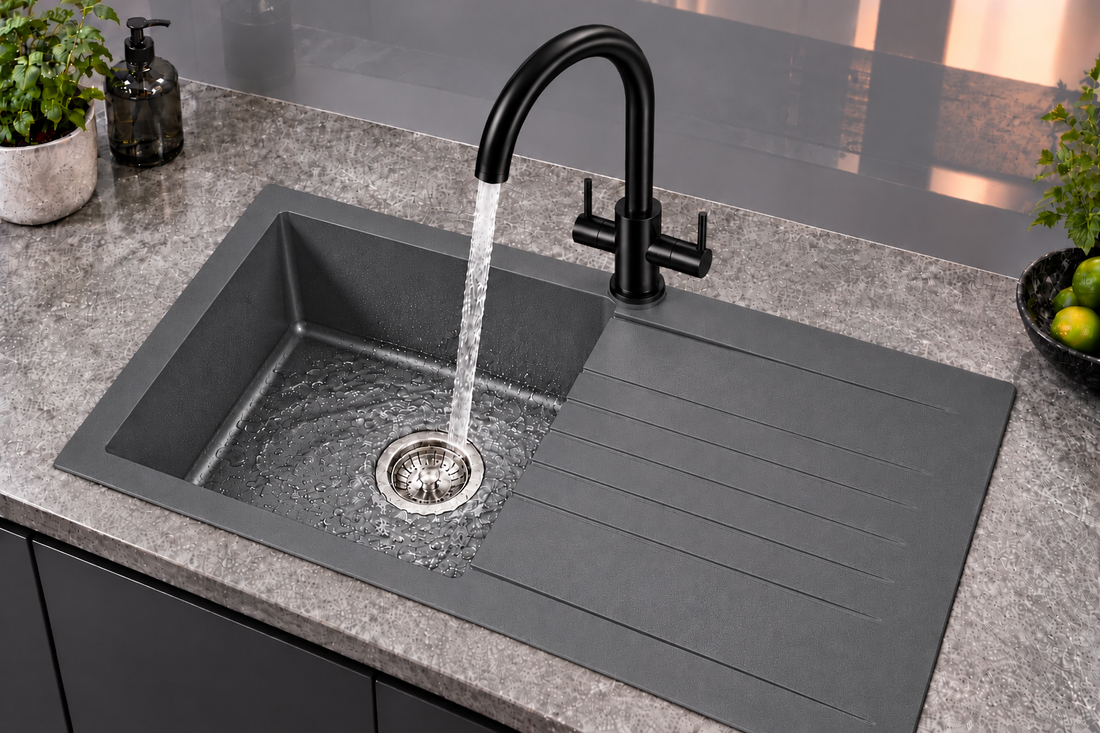 Liquida AD398MB Matt Black Swan Neck Twin Lever Mixer Tap