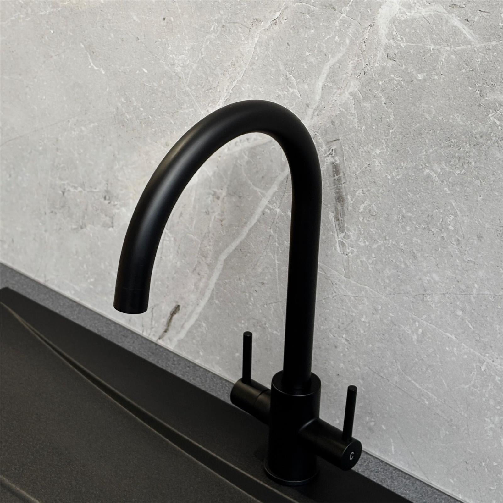 Liquida AD398MB Swan Neck Twin Lever Kitchen Mixer Tap In Matt Black