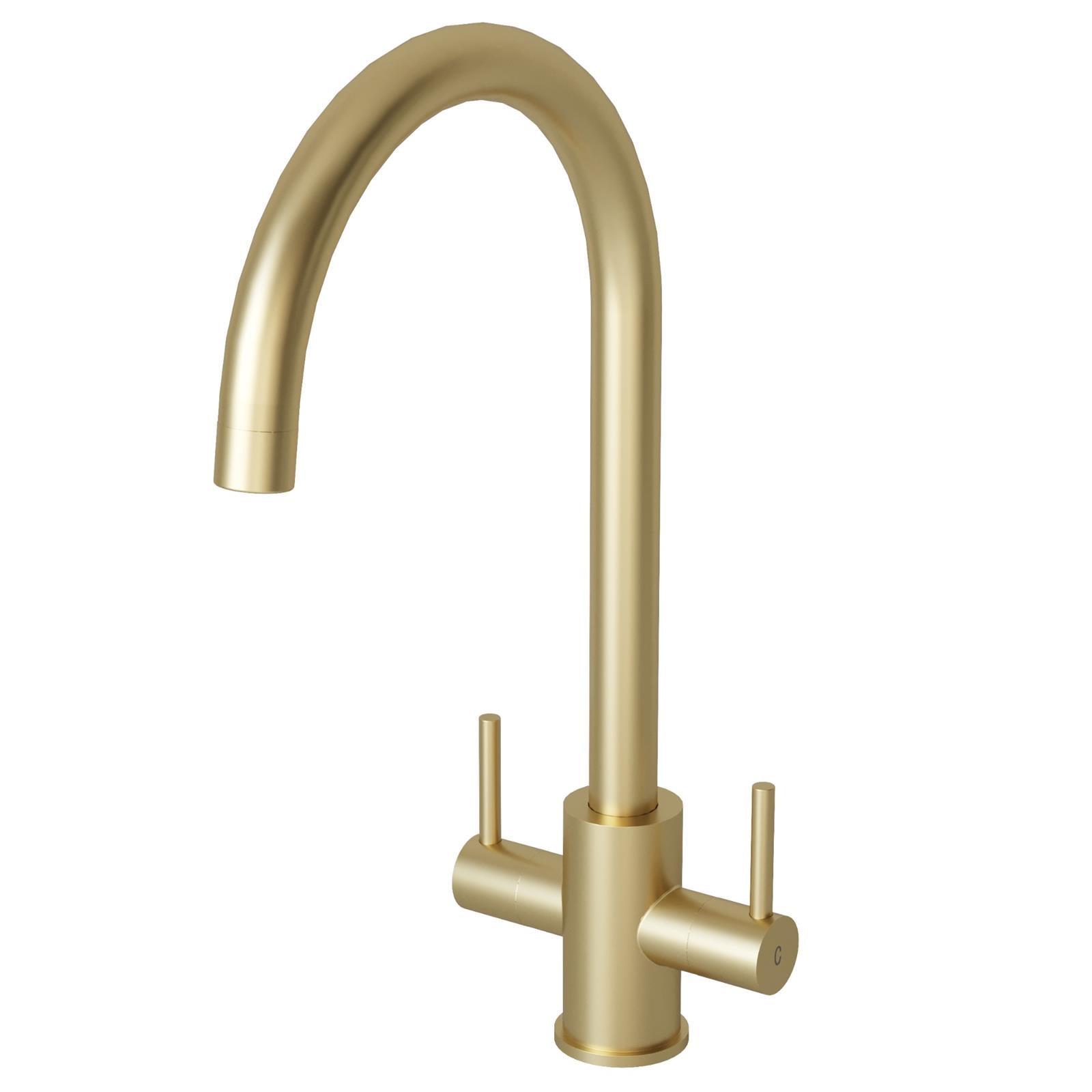 Liquida AD399BR Brushed Brass Swan Neck Twin Lever Mixer Tap - GRADED