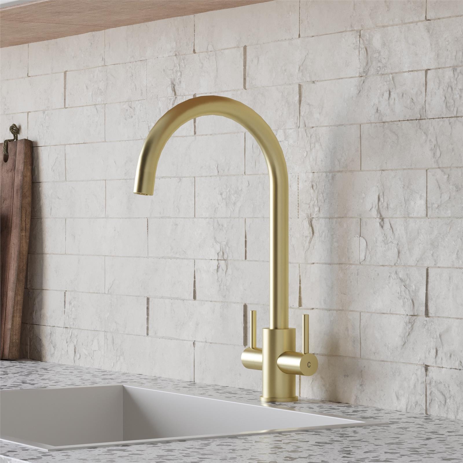 Liquida AD399BR Brushed Brass Swan Neck Twin Lever Kitchen Tap - GRADED