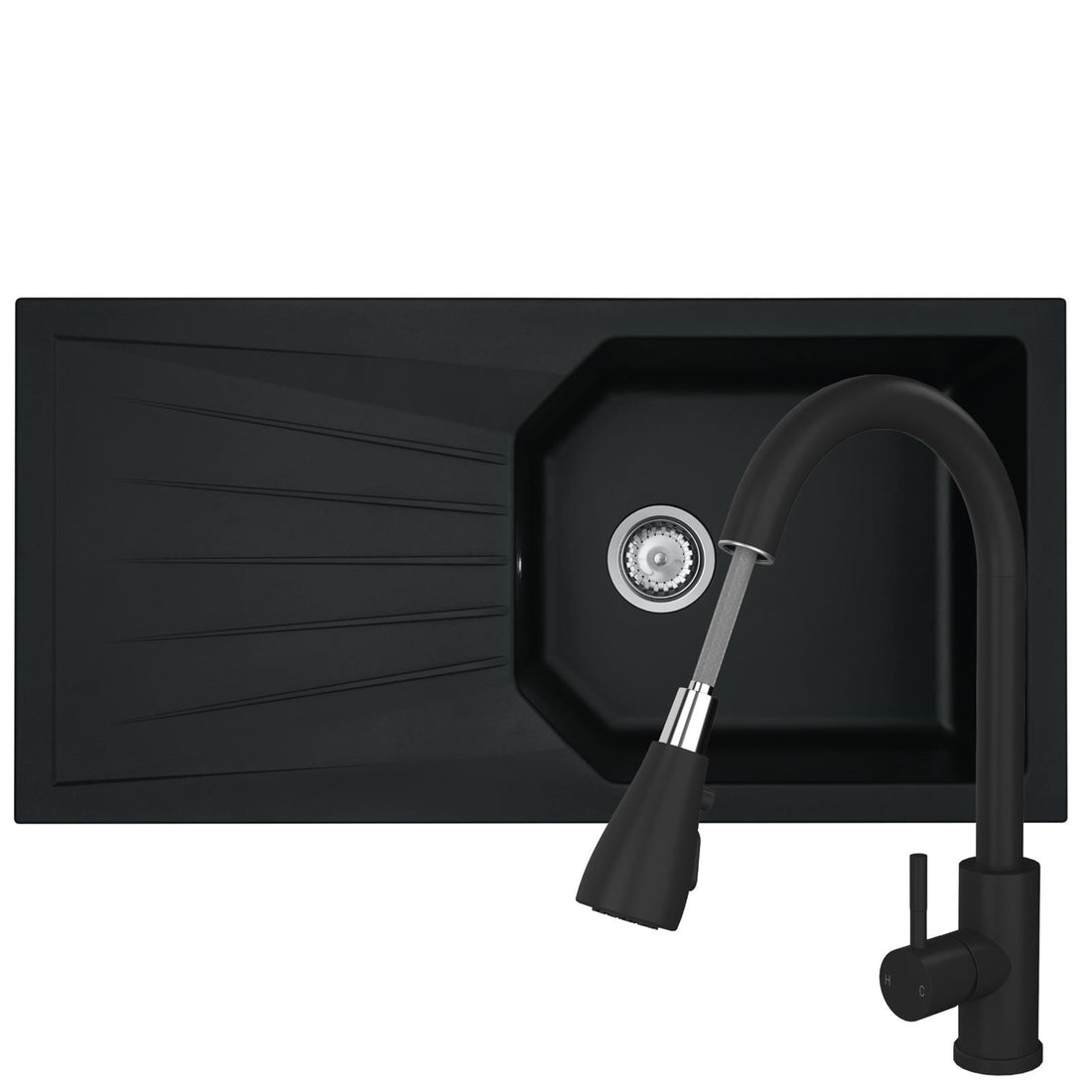 Liquida AGV100BL 1.0 Bowl Black Kitchen Sink With KPO11MB Pull Out Spray Tap