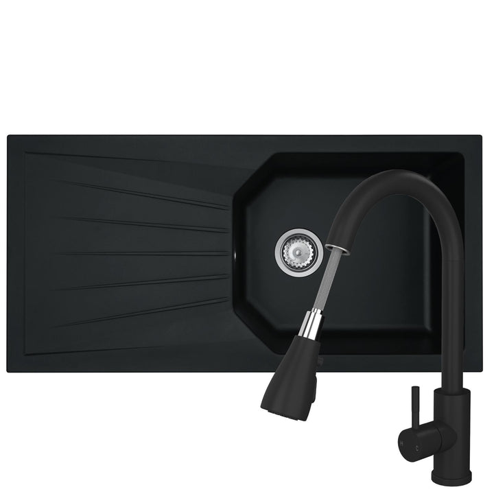 Liquida AGV100BL 1.0 Bowl Black Kitchen Sink With KPO11MB Pull Out Spray Tap