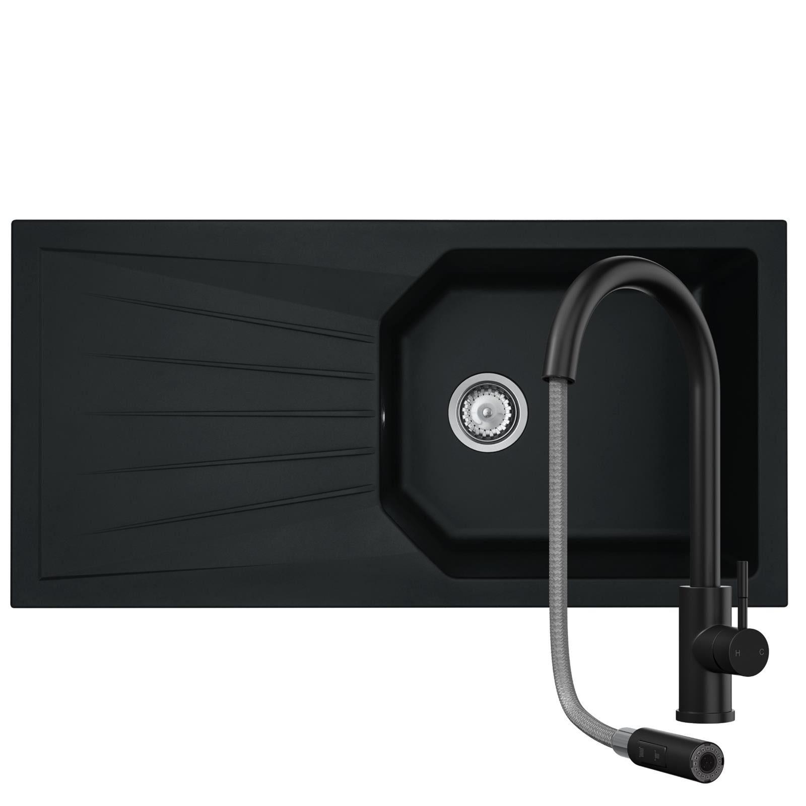 Liquida AGV100BL 1.0 Bowl Black Kitchen Sink With CT453MB Pull Out Tap