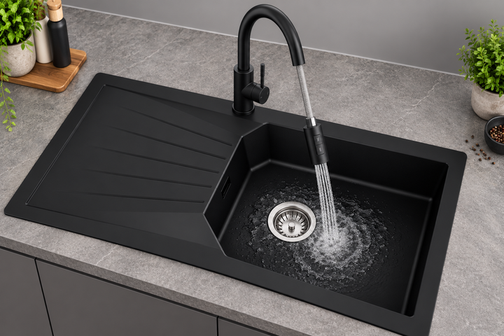 Liquida AGV100BL 1.0 Bowl Black Kitchen Sink With Pull Out Black Kitchen Tap