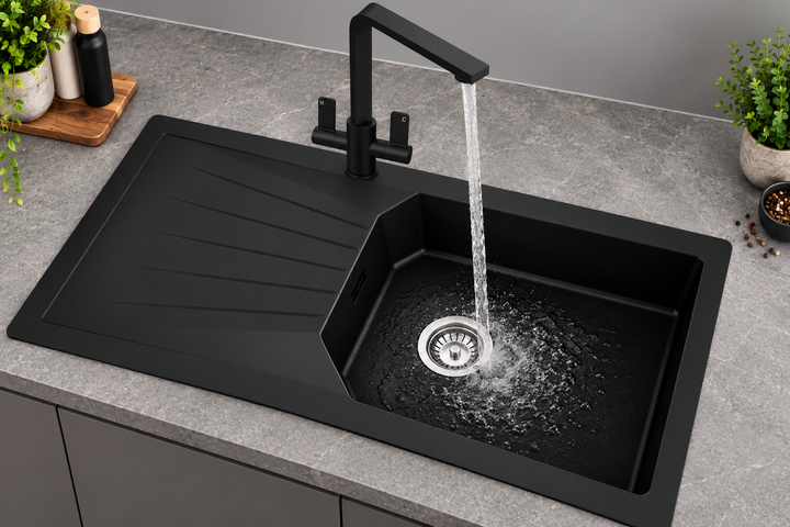 Liquida AGV100BL 1.0 Bowl Black Kitchen Sink With EB403MB Dual Lever Tap
