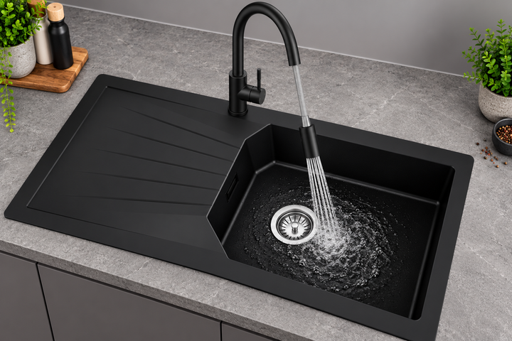 Liquida AGV100BL 1.0 Bowl Black Kitchen Sink With Pull Out Spray Kitchen Tap