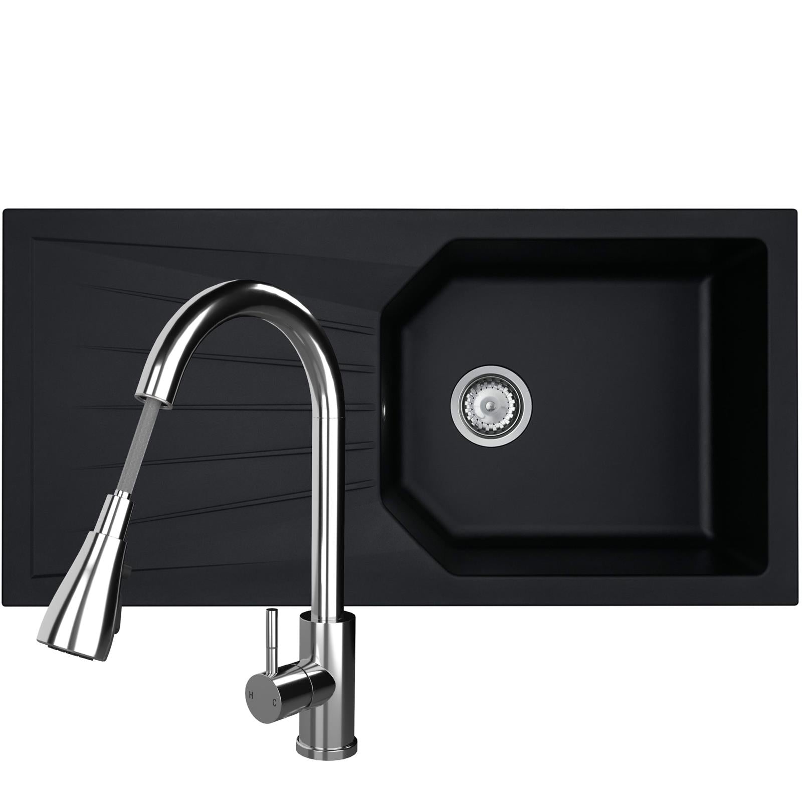 Liquida black 1.0 bowl kitchen sink with reversible drainer and chrome pull out spray tap