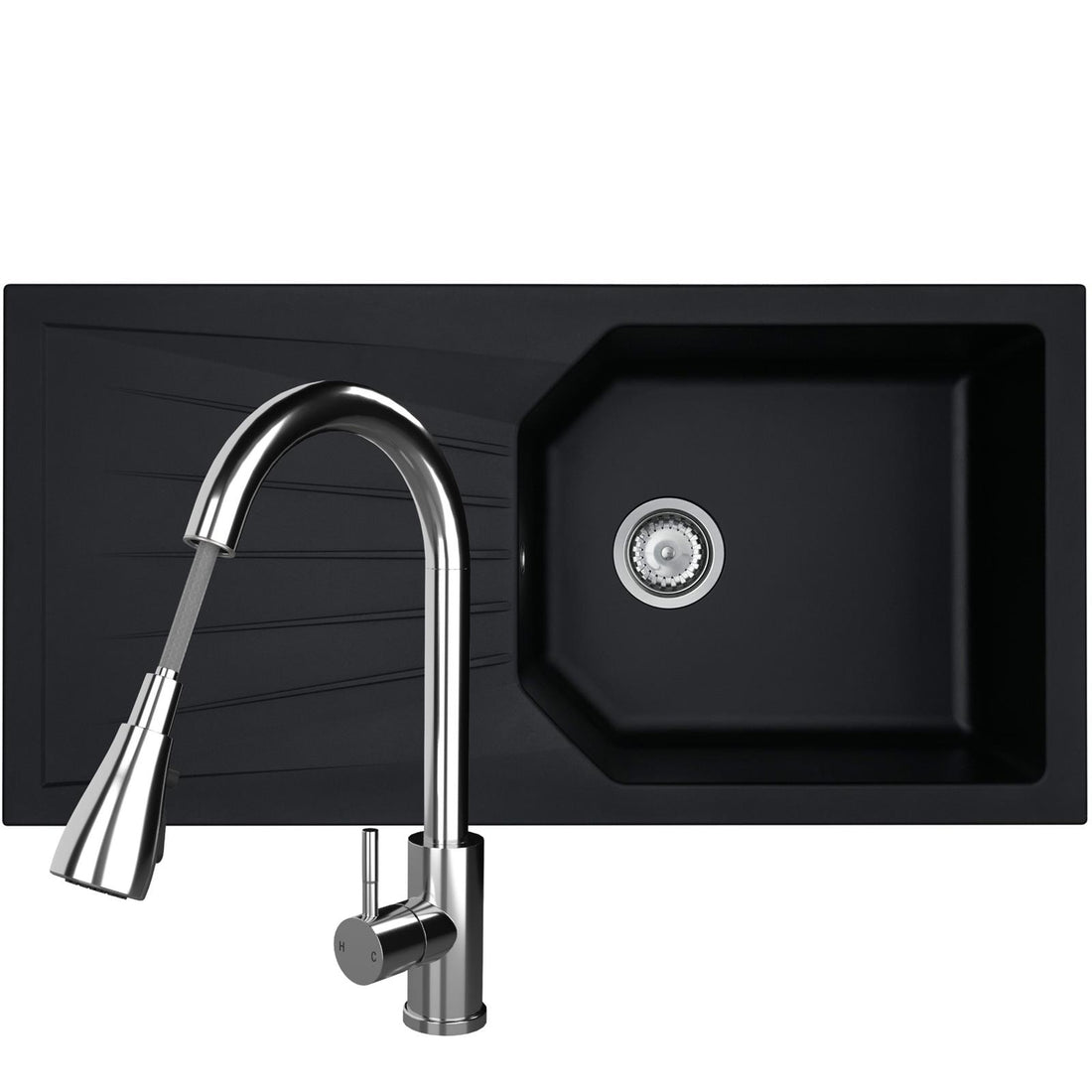 Liquida black 1.0 bowl kitchen sink with reversible drainer and chrome pull out spray tap