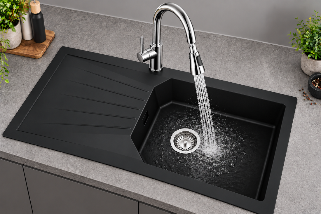 Liquida AGV100BL 1.0 Bowl Black Kitchen Sink With Pull Out Chrome Kitchen Tap