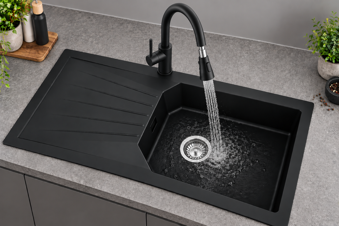 Liquida AGV100BL 1.0 Bowl Black Kitchen Sink With KPO11MB Pull Out Spray Tap