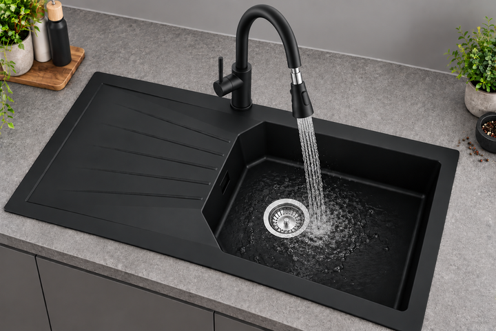 Liquida AGV100BL 1.0 Bowl Black Kitchen Sink With KPO11MB Pull Out Spray Tap
