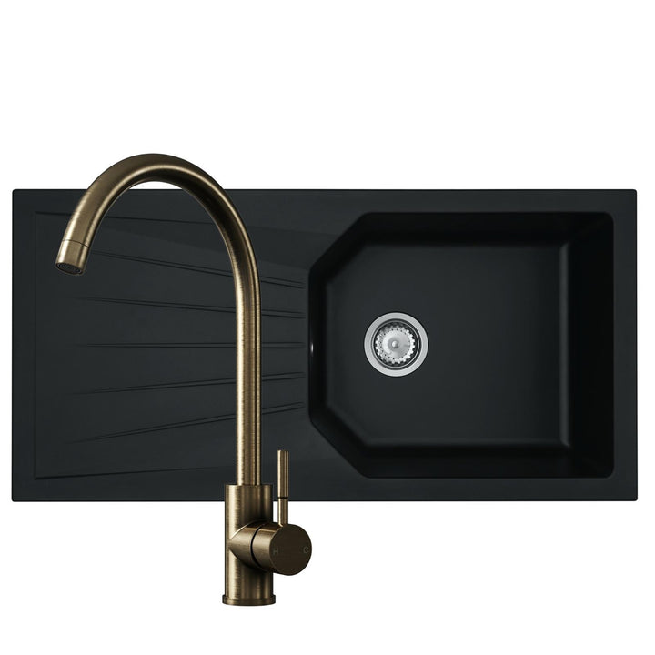 Liquida AGV100BL 1.0 Bowl Black Kitchen Sink and VT65AB Antique Brass Mixer Tap
