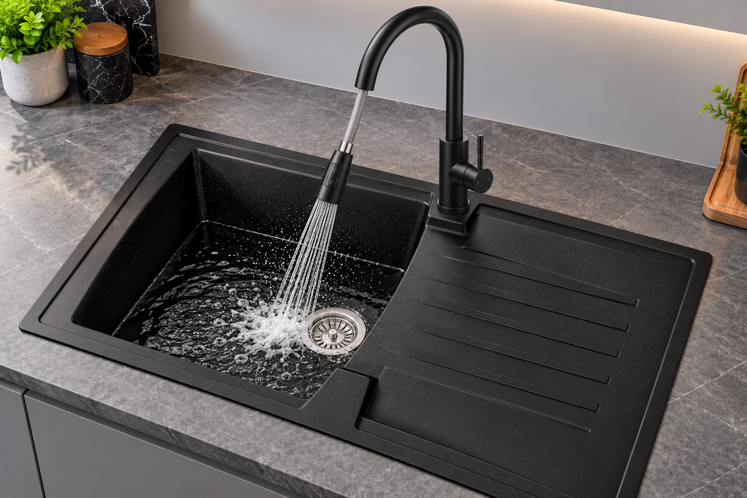 Liquida AR10BL 1.0 Bowl Reversible Black Kitchen Sink With Black Mixer Tap