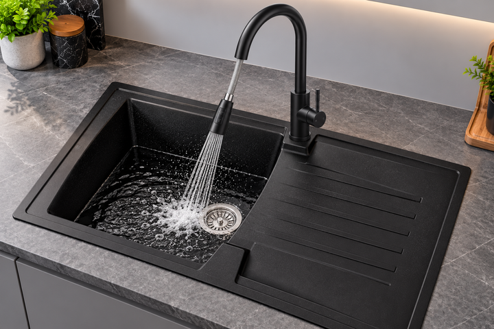 Liquida AR10BL 1.0 Bowl Reversible Black Kitchen Sink With Black Mixer Tap