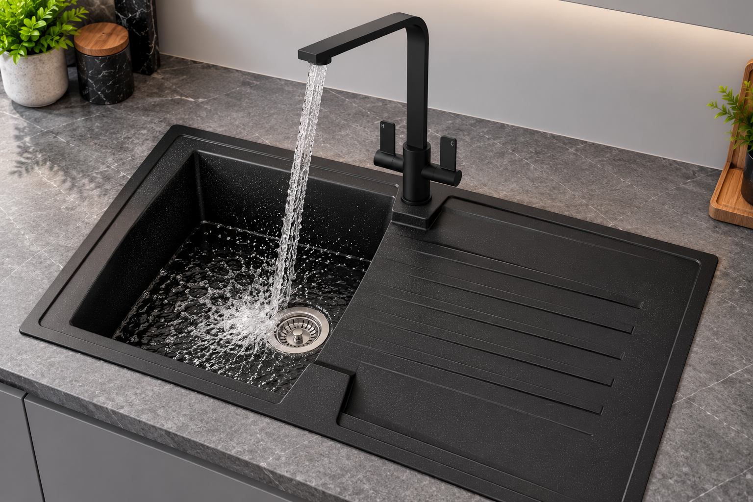 Liquida AR10BL 1.0 Bowl Reversible Black Kitchen Sink With Black Kitchen Tap