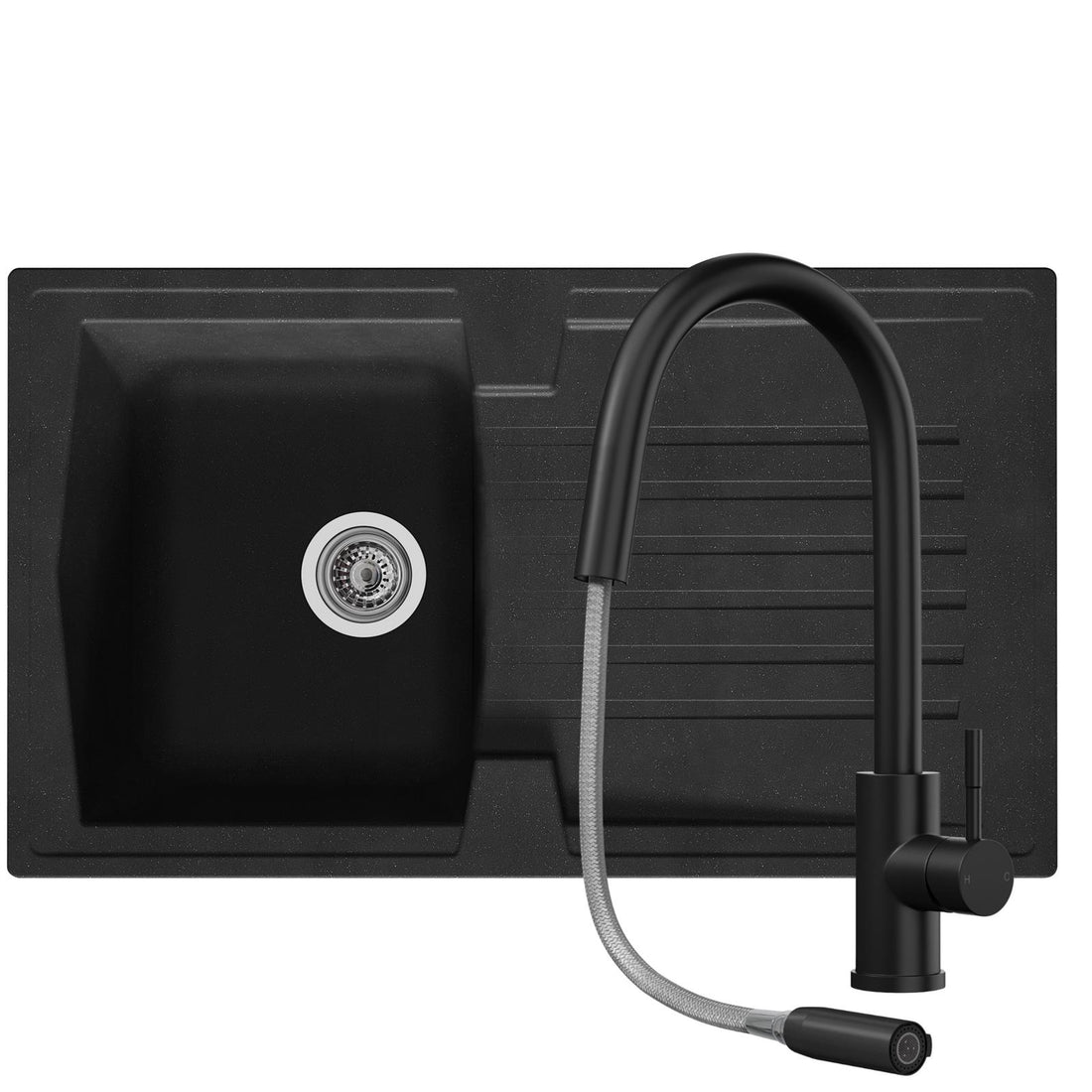 Liquida black 1.0 bowl kitchen sink with reversible drainer and pull out spray tap