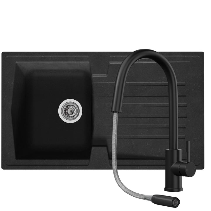Liquida black 1.0 bowl kitchen sink with reversible drainer and pull out spray tap