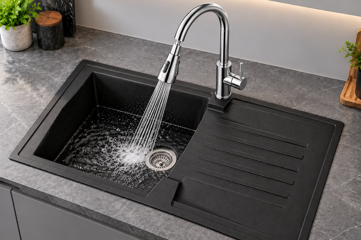 Liquida AR10BL 1.0 Bowl Composite Reversible Inset Black Kitchen Sink With Waste