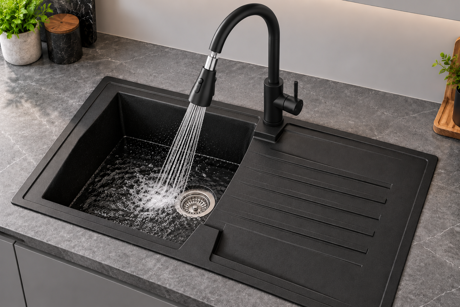 Liquida AR10BL 1.0 Bowl Composite Reversible Inset Black Kitchen Sink With Waste
