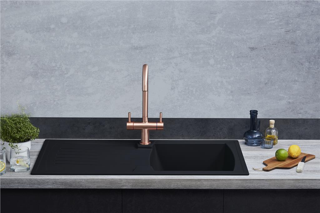 Liquida AR10BL 1.0 Bowl Composite Reversible Black Kitchen Sink With EB403MB Tap
