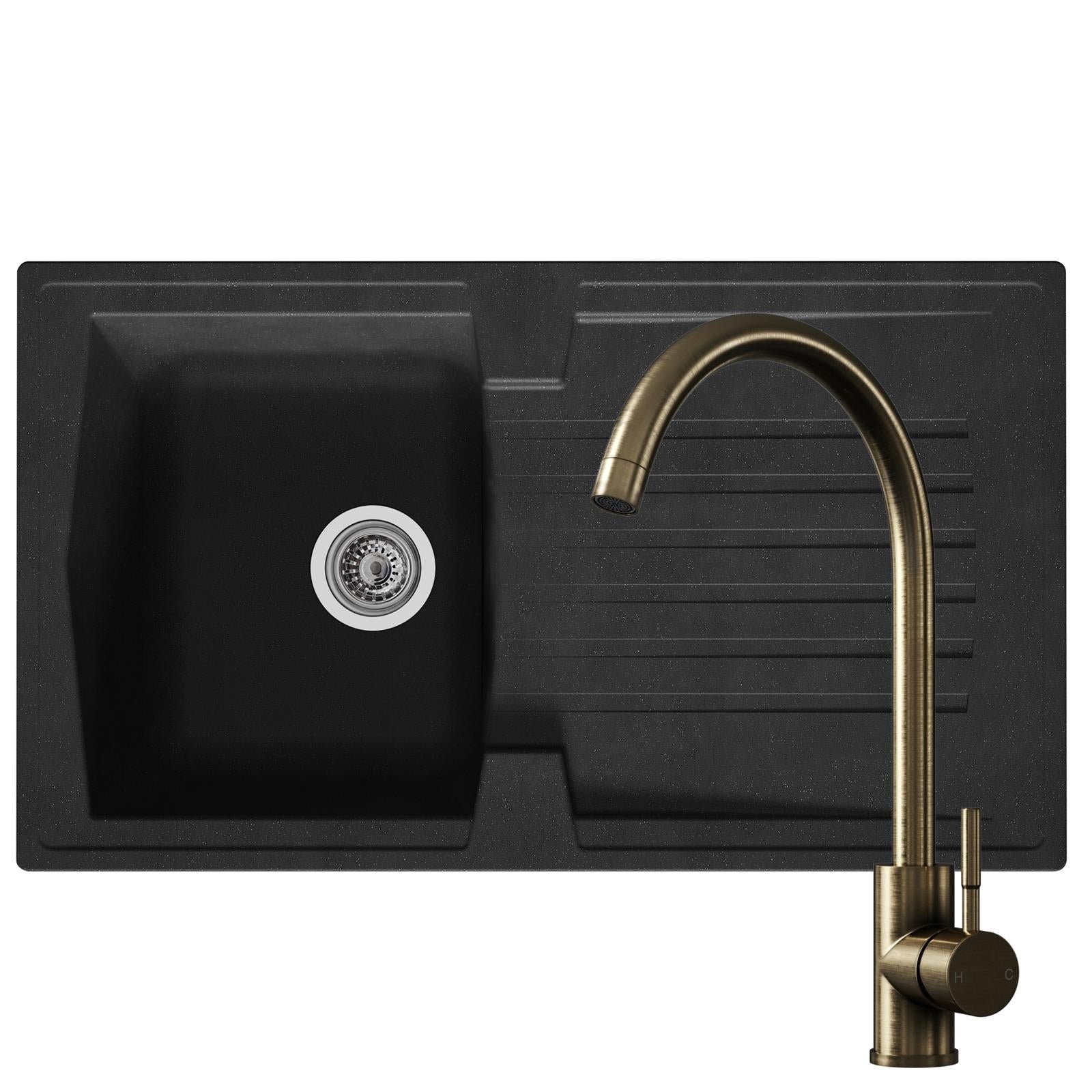 Liquida AR10BL 1.0 Bowl Black Kitchen Sink With VT65AB Antique Brass Mixer Tap