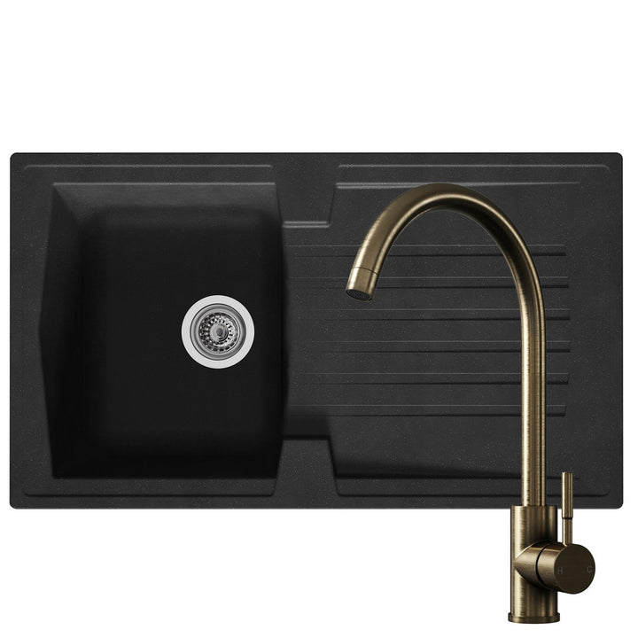 Liquida AR10BL 1.0 Bowl Black Kitchen Sink With VT65AB Antique Brass Mixer Tap