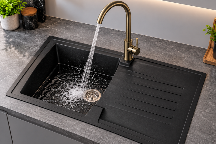 Liquida AR10BL 1.0 Bowl Black Kitchen Sink With Antique Brass Kitchen Mixer Tap