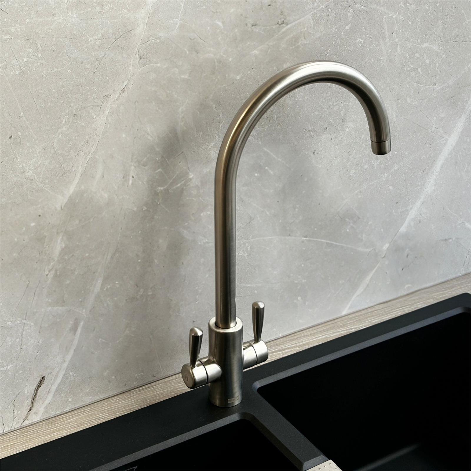 Franke Ascona Swan Neck Swivel Spout Twin Lever Silk Steel Mixer Kitchen Tap