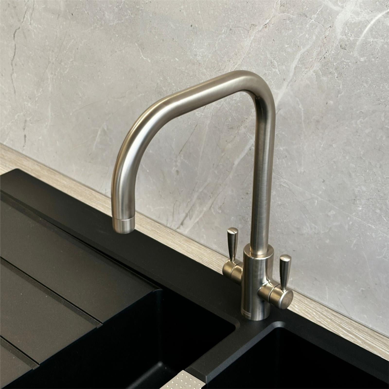 Franke Ascona Silk Steel U Spout Kitchen Tap Twin Lever Swivel Mixer - GRADED
