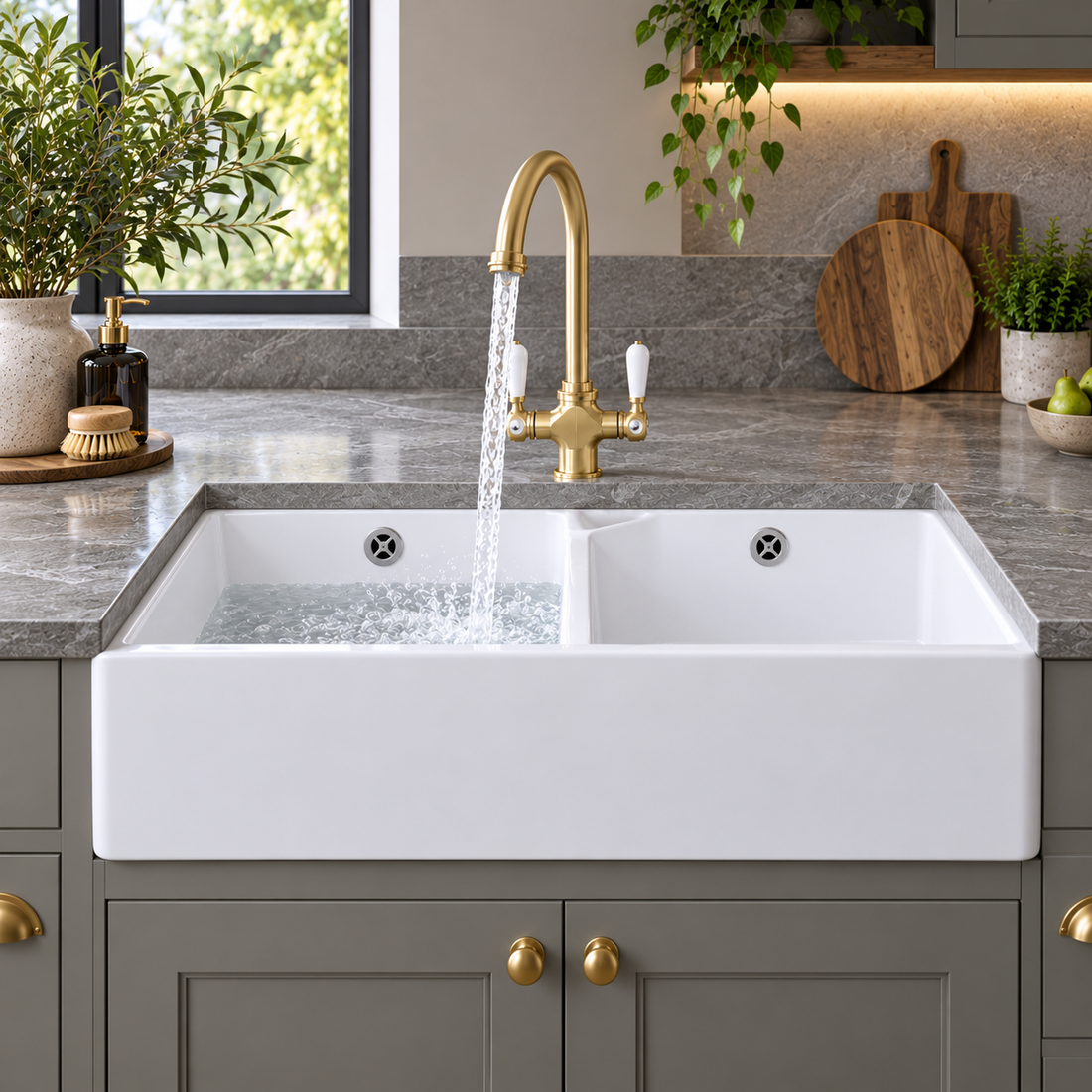 Liquida BT64WH 2 Bowl Butler Deck Mounted Gloss White Kitchen Sink 800x580mm