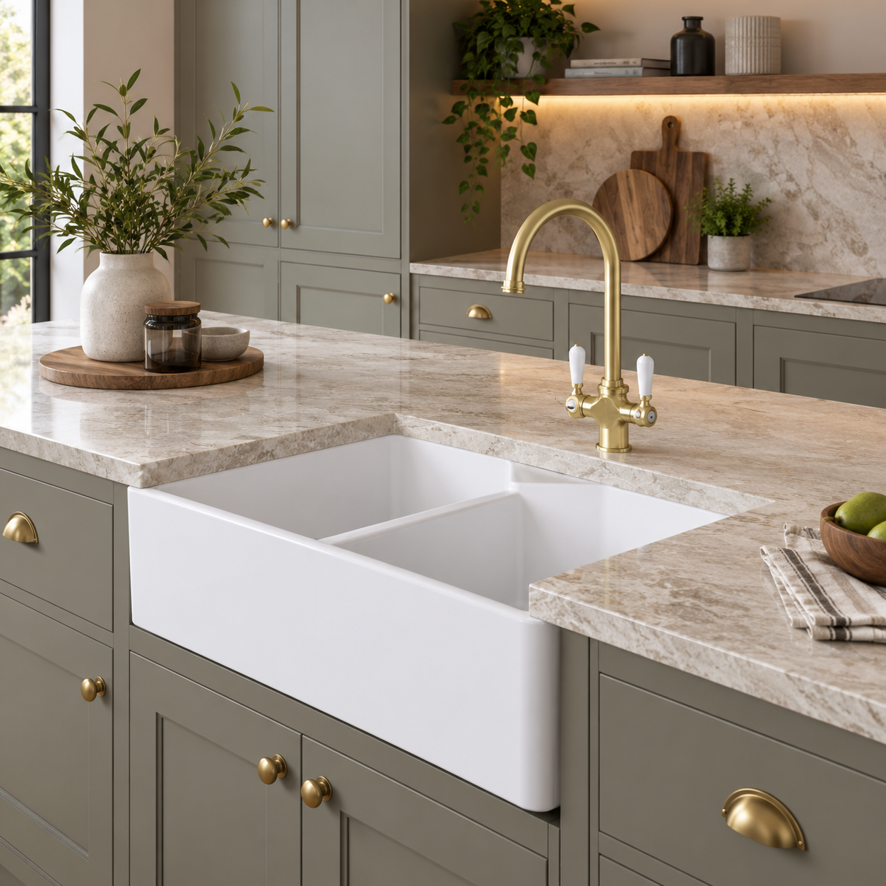 Liquida BT64WH 2 Bowl Butler Deck Mounted Gloss White Kitchen Sink 800x580mm