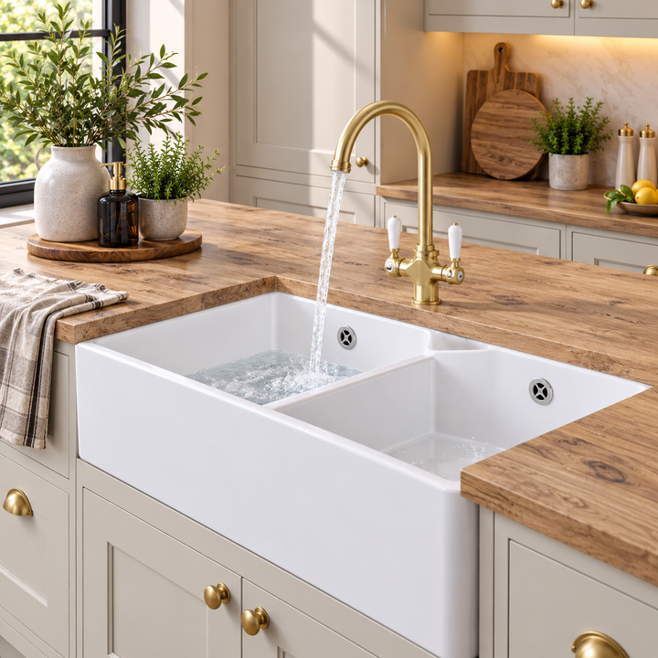 Liquida BT64WH 2 Bowl Butler Deck Mounted Gloss White Kitchen Sink 800x580mm