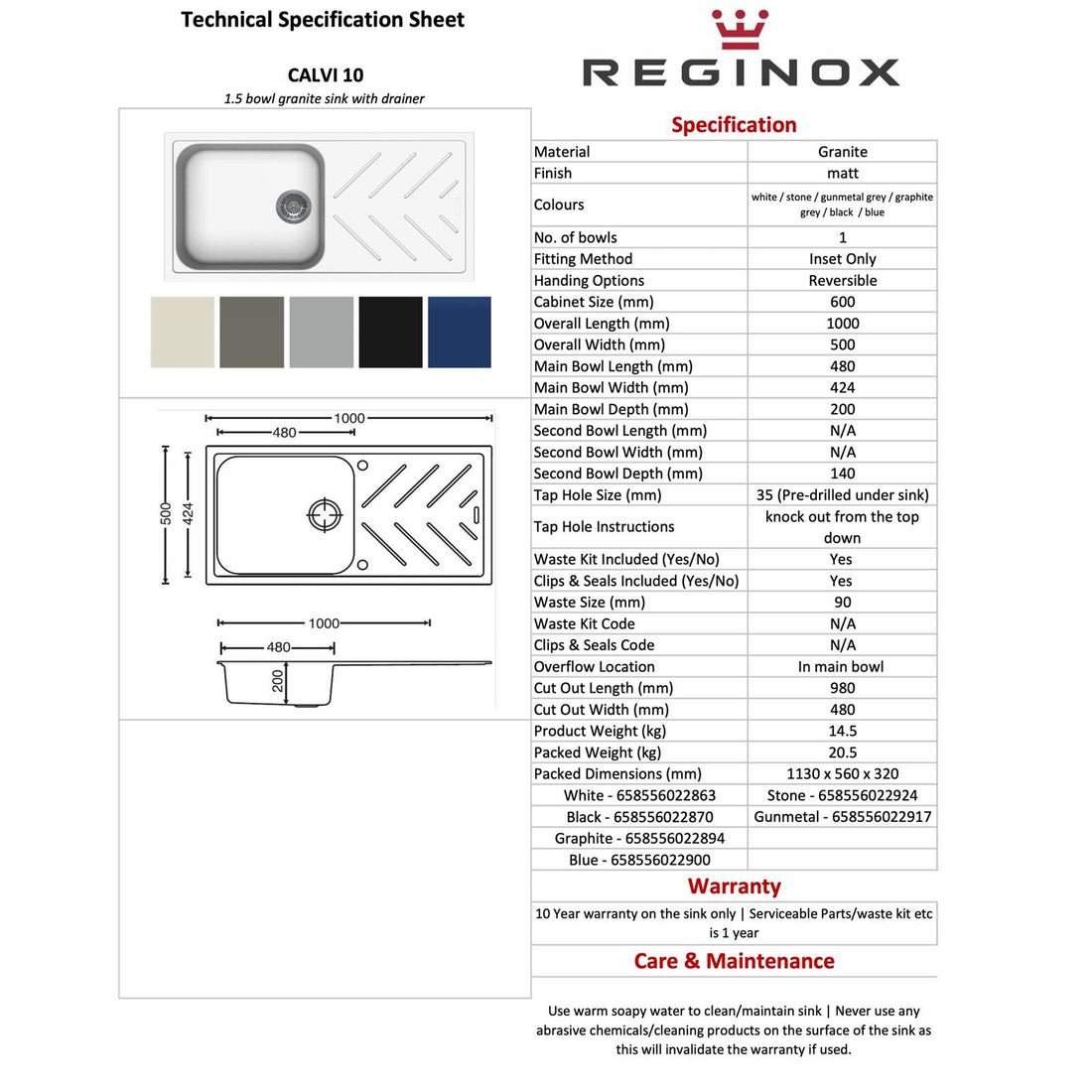 Reginox Calvi 10GR 1.0 Bowl Grey Granite Reversible Kitchen Sink With Waste